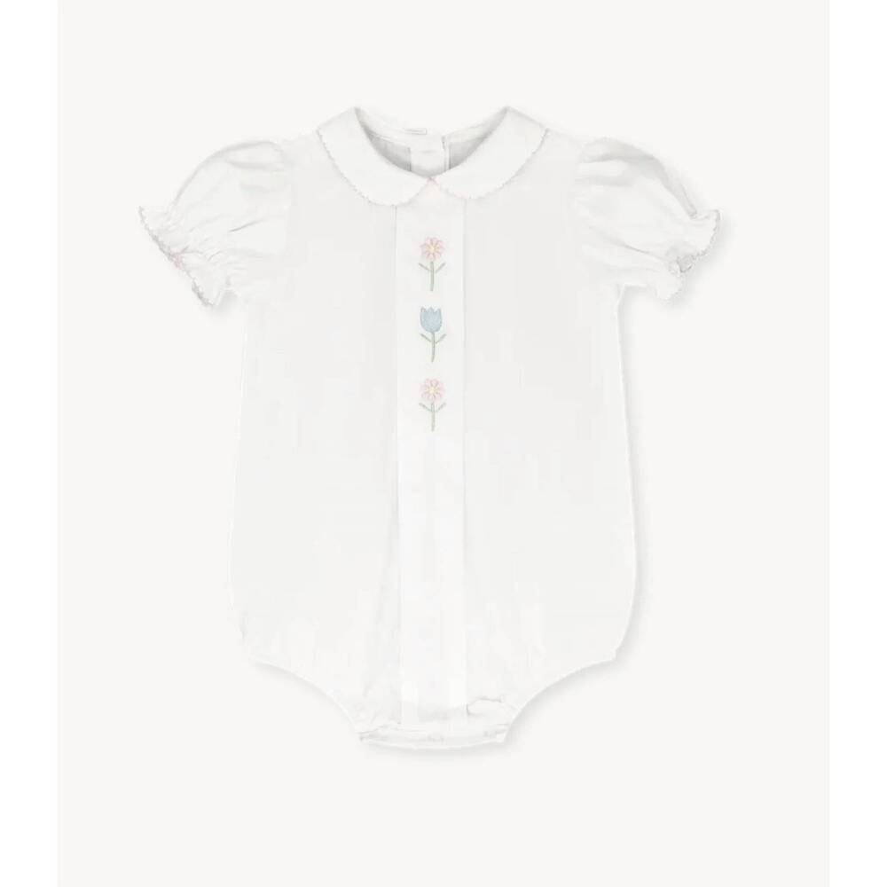 NEW LULLABY SET girl's bluebonnet flower embroidery bubble romper in classic whi